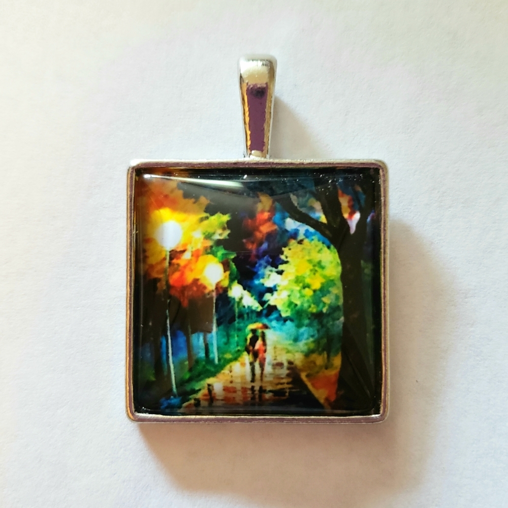 Colorful Watercolor Trees Painting Art Print Picture Tile Long Chain Necklace